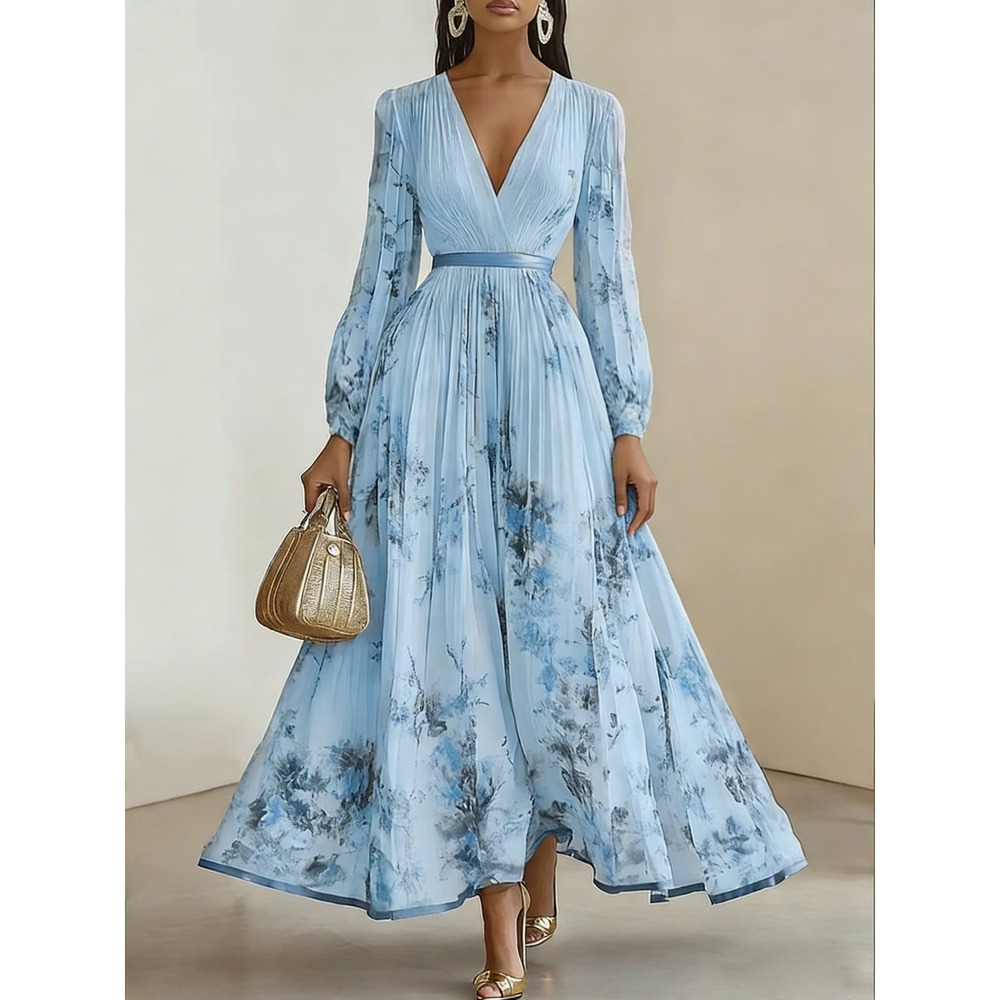 Fehaute‎ Light Blue Floral Pleated Maxi Dress V-Neck Long Sleeve Size 8 NWT